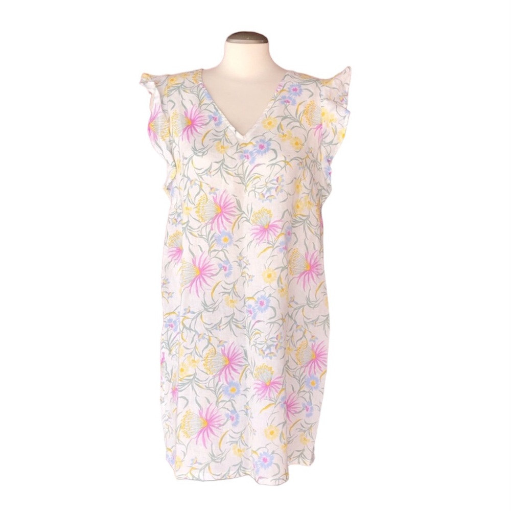 Joie | 100% Linen Flutter Sleeve Floral V-Neck Midi Dress / Tunic